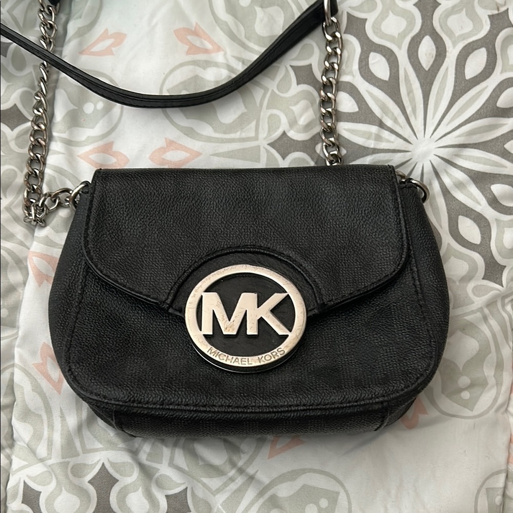 Michael Kors Black Crossbody Bag with Silver Logo and Chain Strap